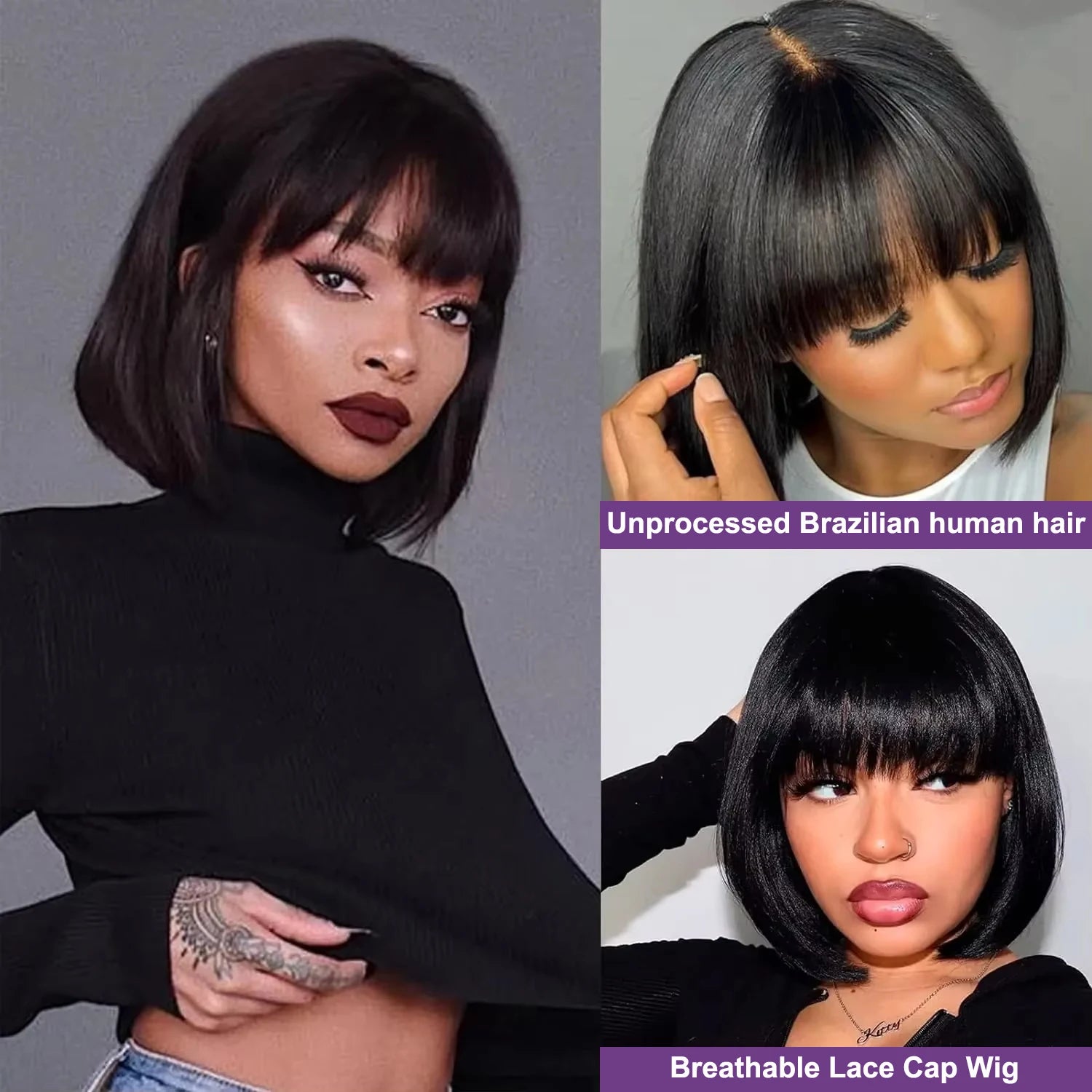 10 16Inch Short Bone Straight Human Hair Wigs With Bangs 3x2 Middle Part Lace Wig Short Bob Glueless Wig 200% Density For Women