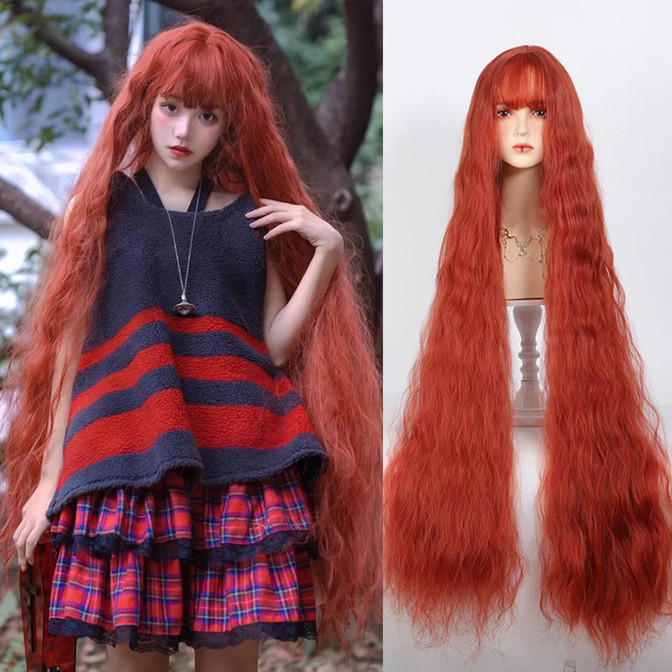 110cm Long Wavy Hair Synthetic Wigs Female Red Brown Coaplay Lolita Wig With Bangs Natural Hair Wigs Women Heat Fesistant Fiber