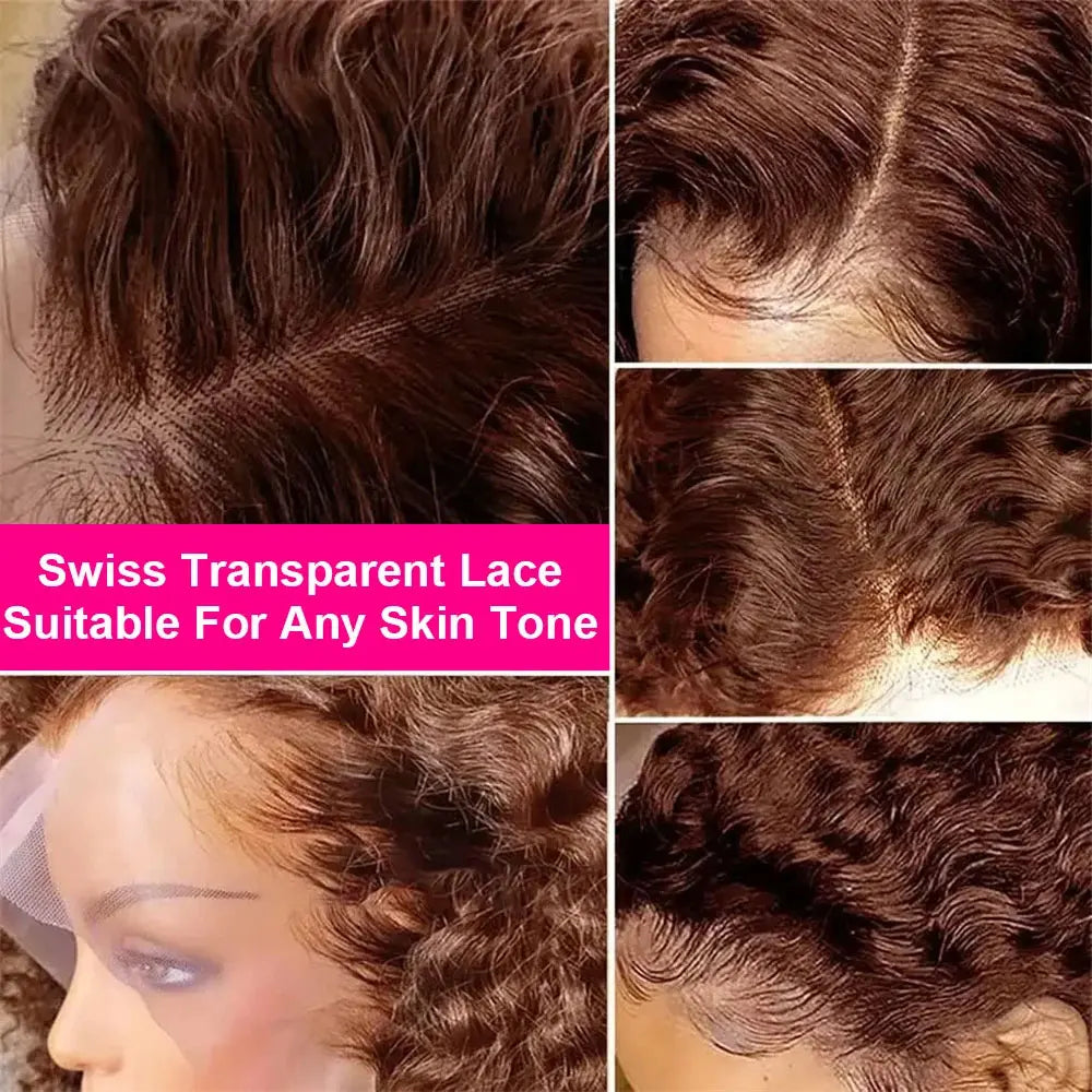 Short Bob Water Wave Human Hair Wigs Wet And Wavy 200% 13X4 HD Lace Frontal Wig Human Hair Chocolate Brown Curly Human Hair Wigs
