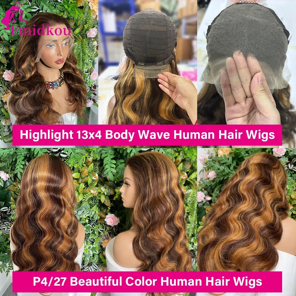 Highlight 13x6 HD Lace Frontal Human Hair Wig 4/27 Glueless Wigs Human Hair Clearance Sale Body Wave Human Hair Wigs For Woman