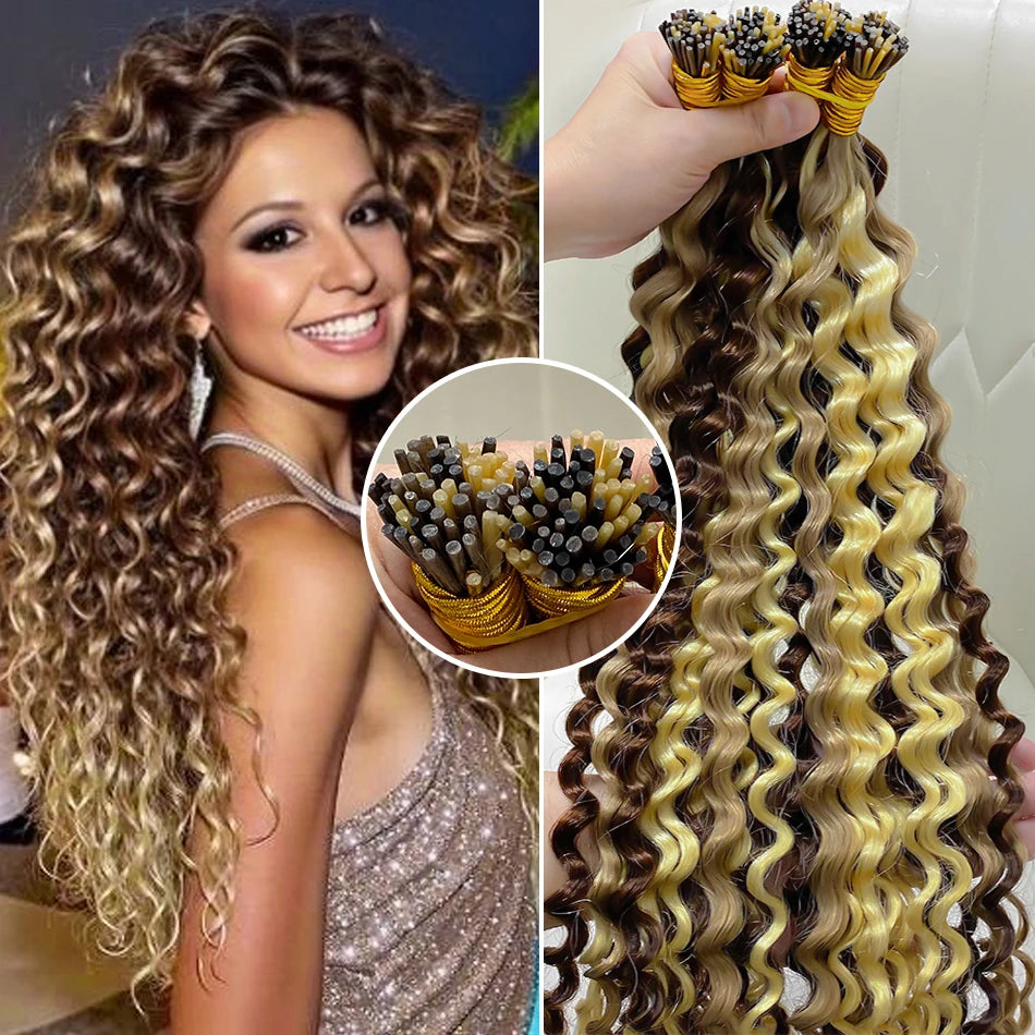 Deep Wave I Tip Hair Extensions 100%Human Hair Extensions Curly I Tip Double Drawn Bundles Microlink  Full Thick Ends Extensions
