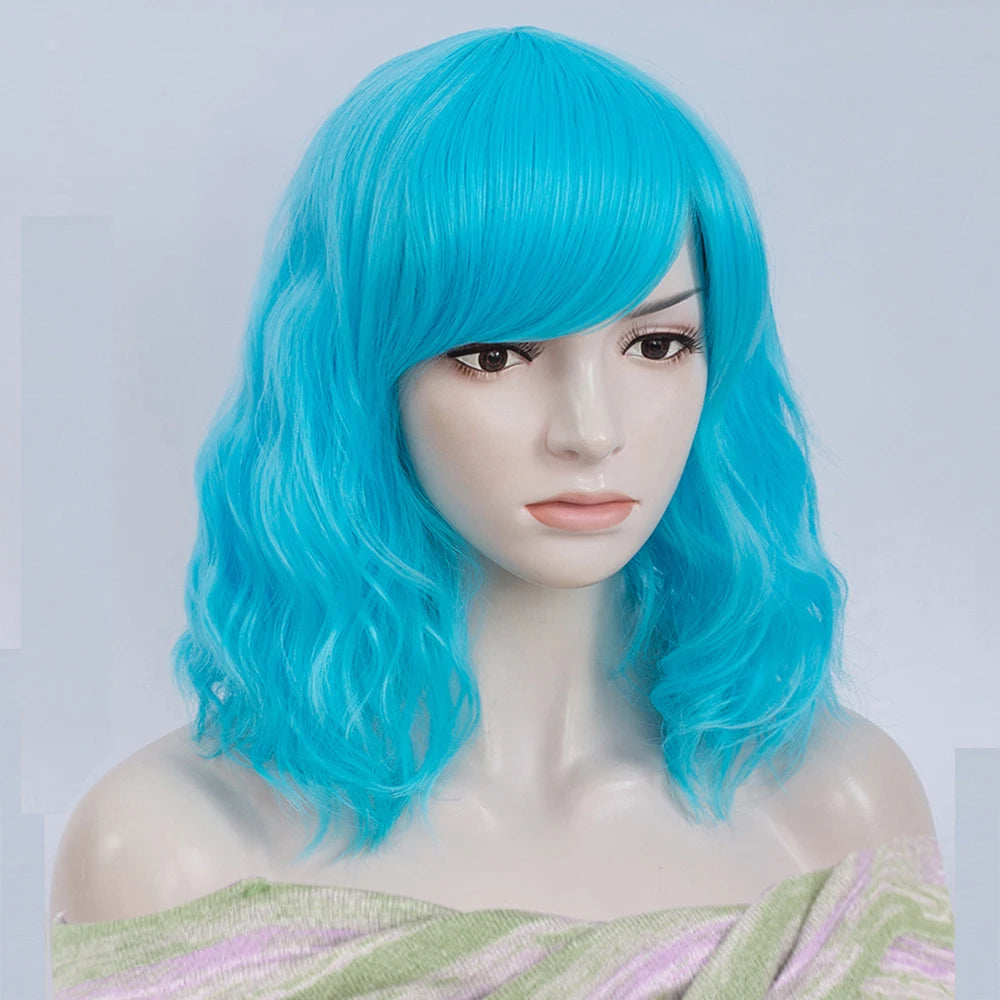 Women Short Curly Wig with Bangs Natural Looking Heat Resistant Synthetic Hair Blue Cosplay Wig