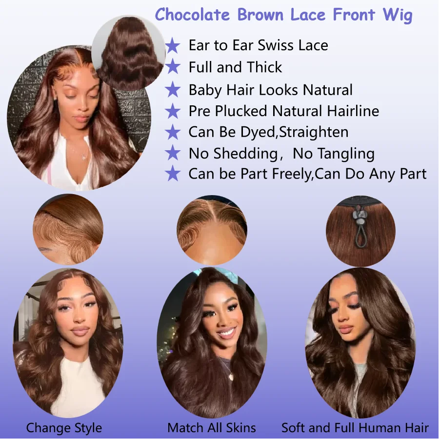 3B 3C Chocolate Brown Body Wave Wigs 200 Density Frontal Human Hair Wigs For Women