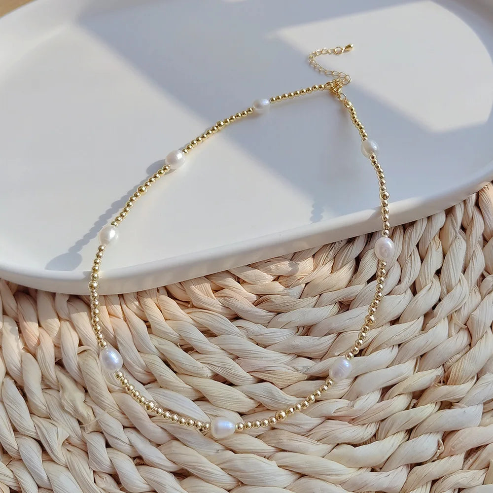KKBEAD Gold Plated Beaded Necklace Jewelry Natural Freshwater Pearls Choker for Women Necklaces