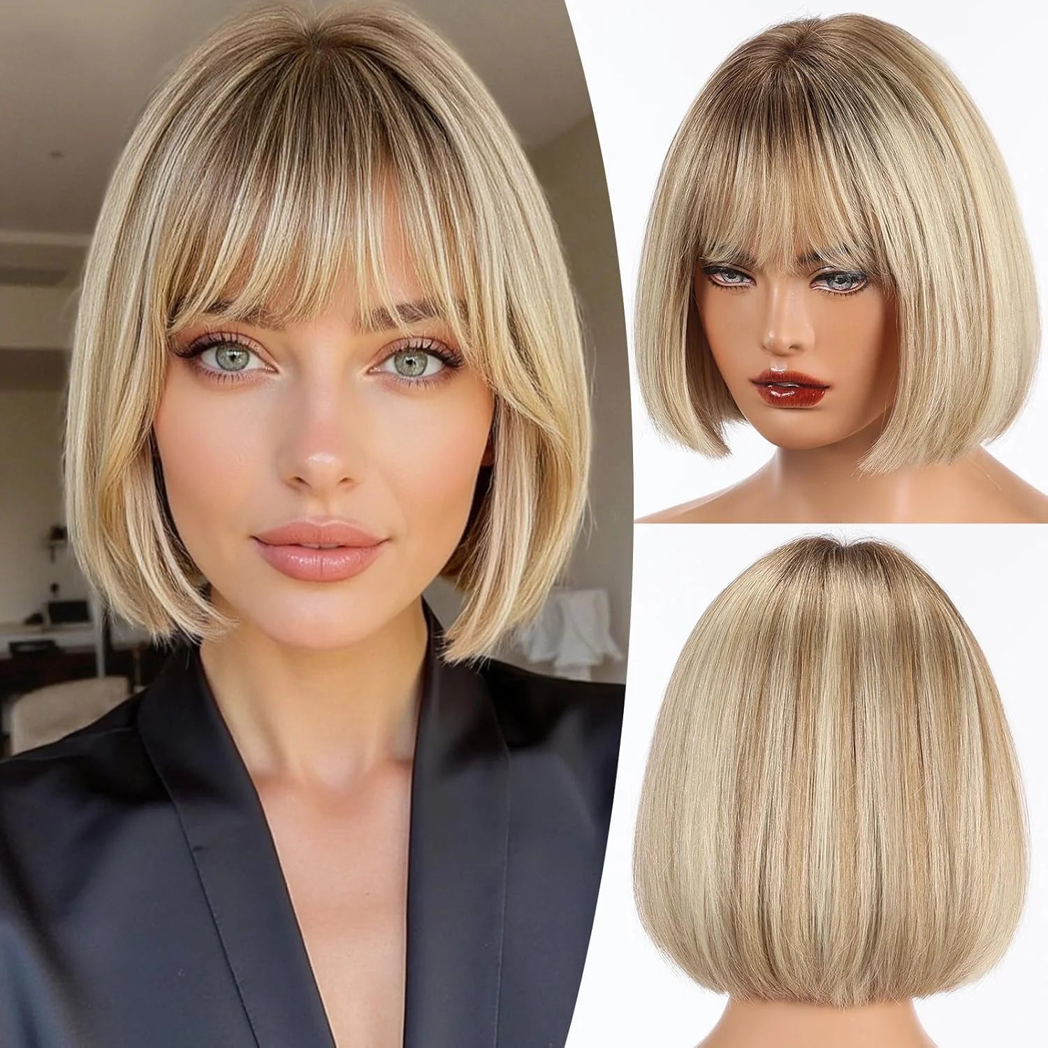 Real Human Hair Wigs for Women Short Blonde Bob Wig 100% Natural Human Hair with Bangs for Daily Party Wear Soft Hair