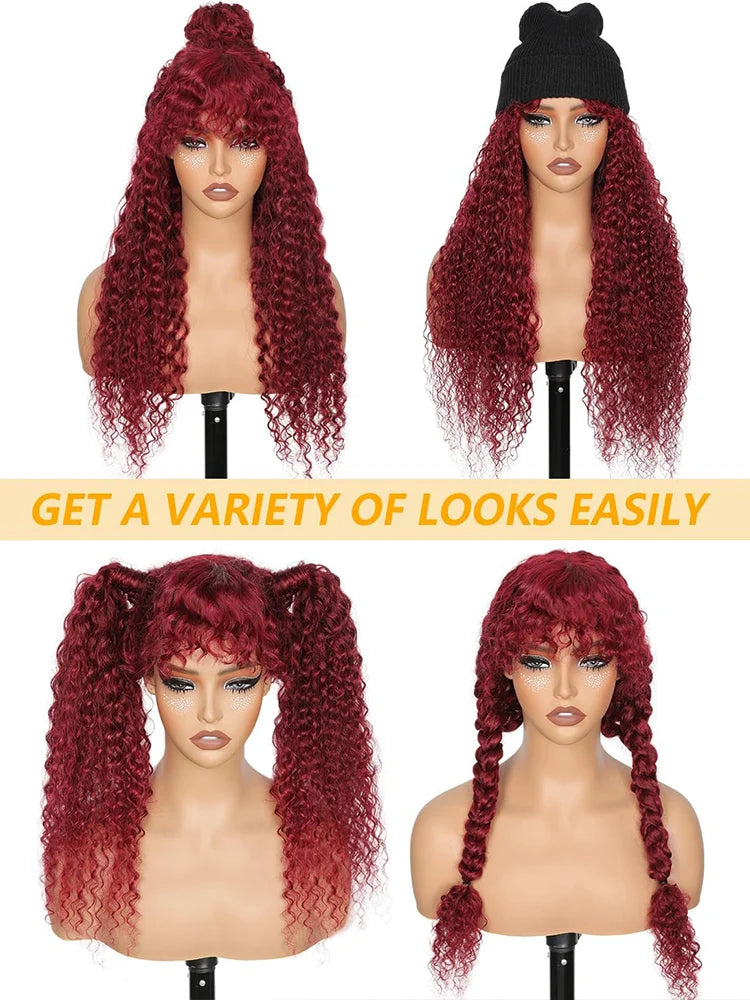 99J Burgundy Curly Wig with Bangs Human Hair  Water Wave Mechanism Color Wigs Red wig with Bangs Colored Brazilian Human Hair