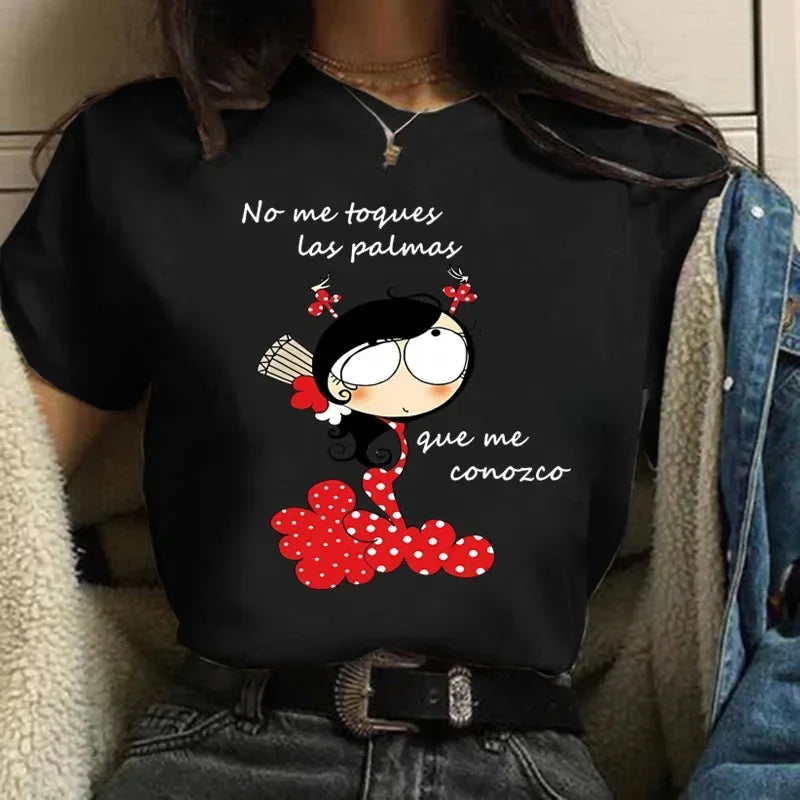 Women T-shirts Harajuku Tops Shirts Short Sleeve High Heel Print Flamengo Dance Tees Cartoon Graphic Female O-neck Shirt Clothes