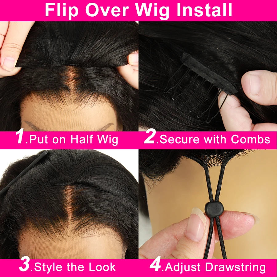 Kinky Curly Half Wig Human Hair Wear&Go Glueless Wigs Curly 3 In 1 Flip Over Wigs With Drawstring Headband Wig Beginner Friendly