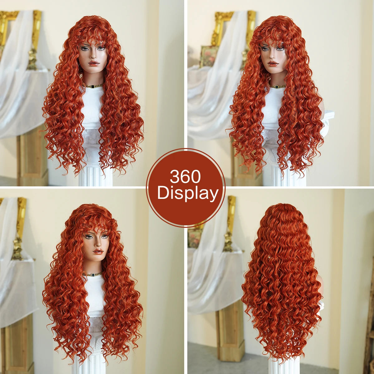 7JHH WIGS Long Loose Curly Wave Orange Wig for Women High Density Synthetic Modest Fashion Ginger Wigs with Air Bangs
