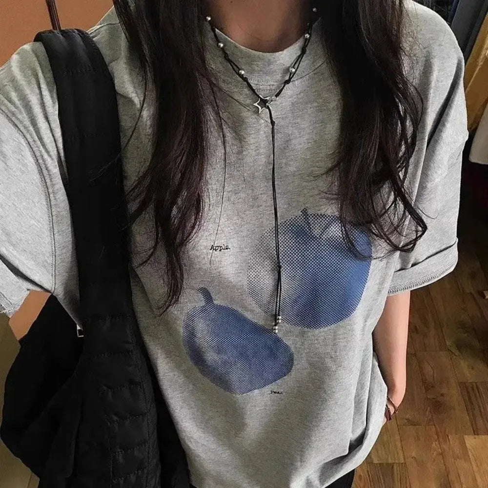 Women's T-shirt Blue Fruit Printed Tee for Women Retro Summer Fashion Trend Comfy Top Casual Loose O-neck Short Sleeve Top Tee