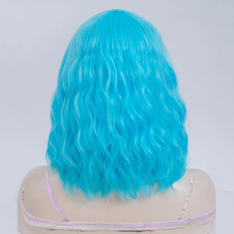 Women Short Curly Wig with Bangs Natural Looking Heat Resistant Synthetic Hair Blue Cosplay Wig