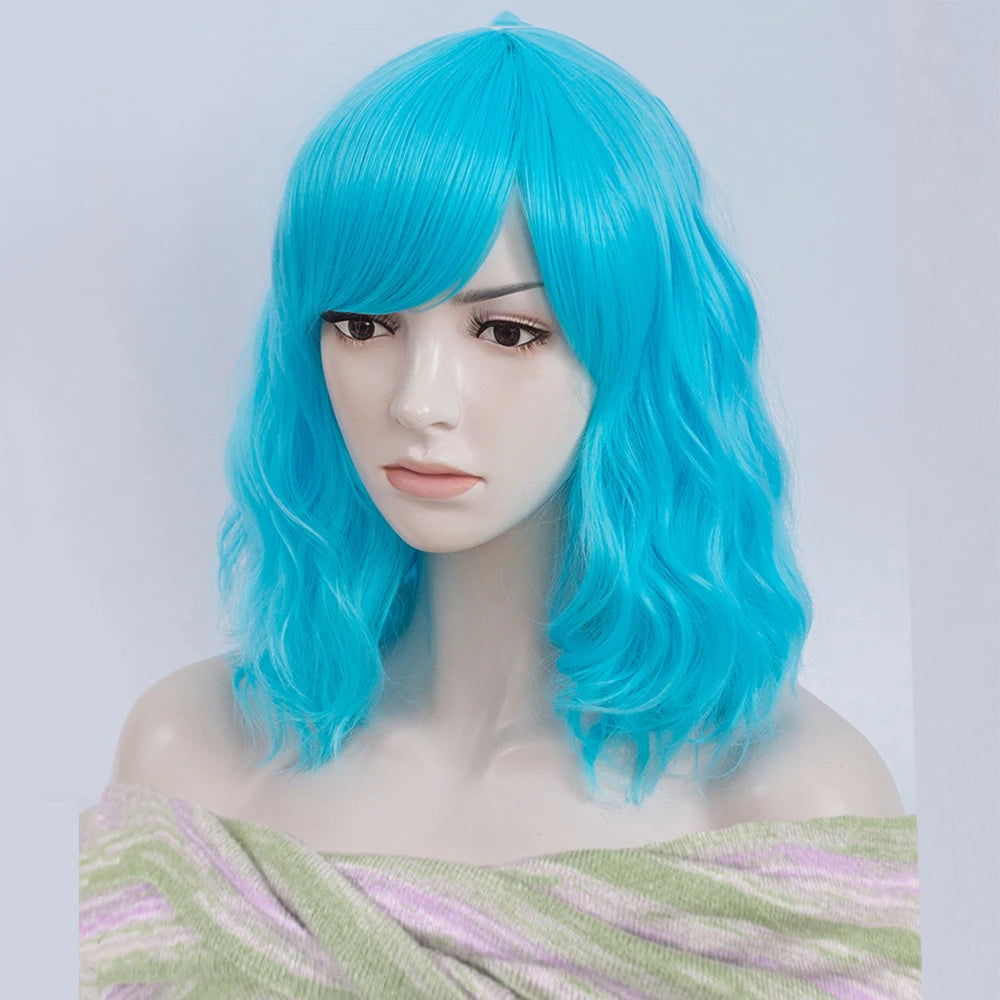 Women Short Curly Wig with Bangs Natural Looking Heat Resistant Synthetic Hair Blue Cosplay Wig