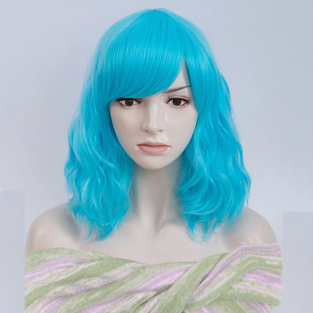 Women Short Curly Wig with Bangs Natural Looking Heat Resistant Synthetic Hair Blue Cosplay Wig