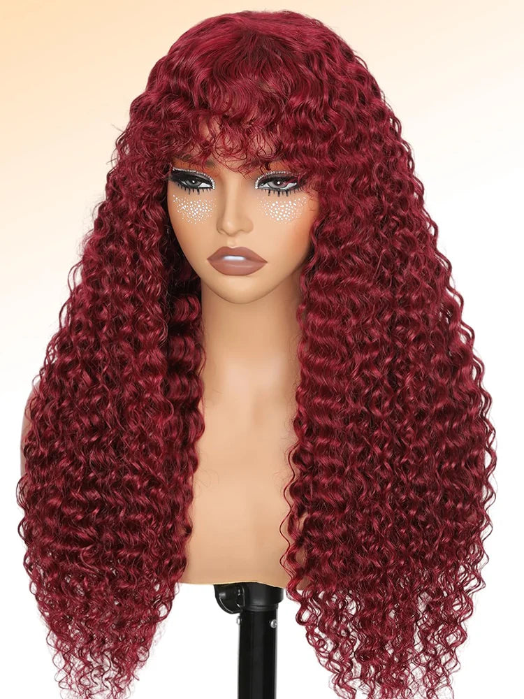 99J Burgundy Curly Wig with Bangs Human Hair  Water Wave Mechanism Color Wigs Red wig with Bangs Colored Brazilian Human Hair
