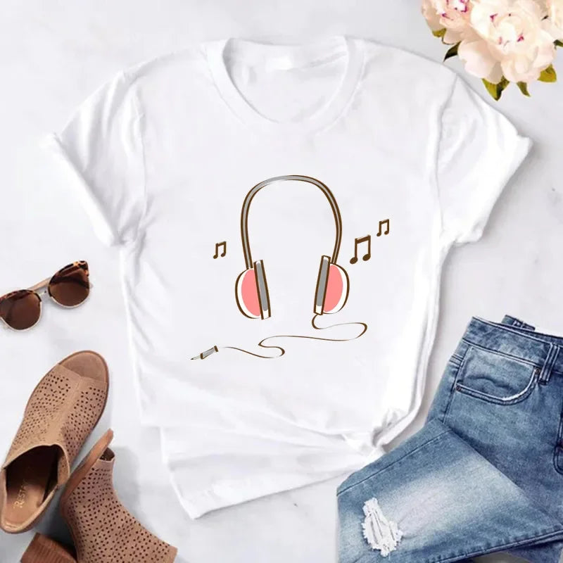 New Women T Shirt Music Note Printed Tshirt Female Summer Casual Short Sleeve O-neck T-shirt Tops Tops for Women Tops