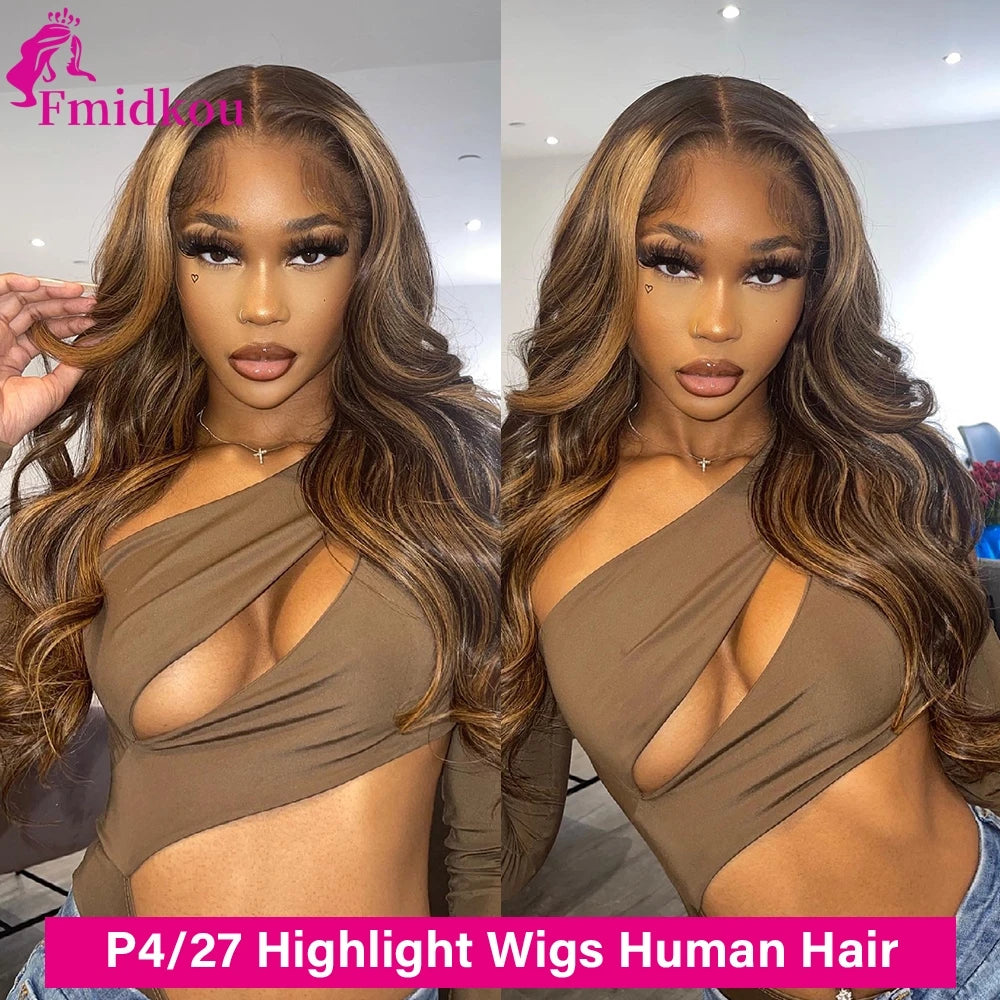 Highlight 13x6 HD Lace Frontal Human Hair Wig 4/27 Glueless Wigs Human Hair Clearance Sale Body Wave Human Hair Wigs For Woman