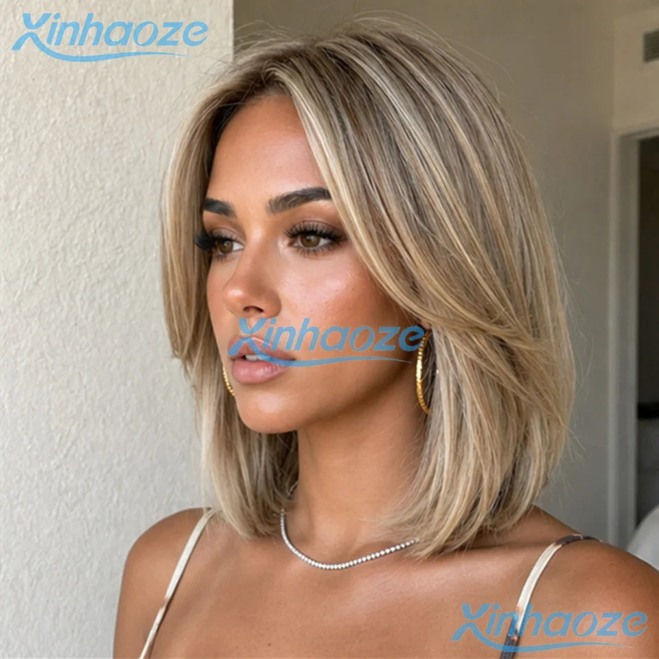 Human Hair Short Bob Wigs Highlight Ash Blonde #613 Hair Made 13x4 Lace Front Wigs Pre Plucked 180% Density Short Bob Wigs