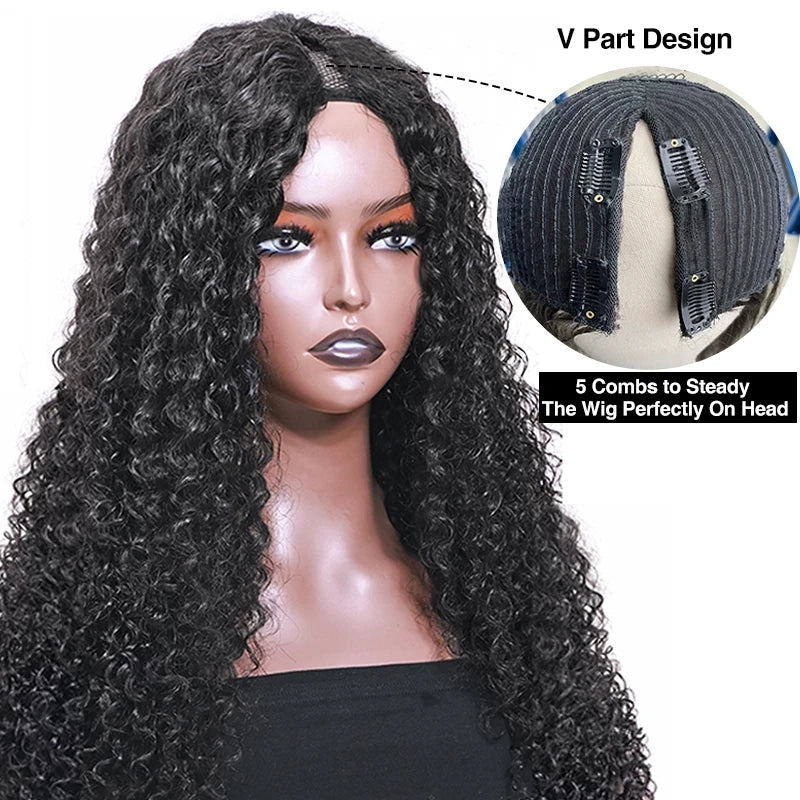 Kinky Curly V Part Wig Human Hair No Leave Out Side Part U Part Wig 250% Brazilian Deep Wave Human Hair Wigs for Women