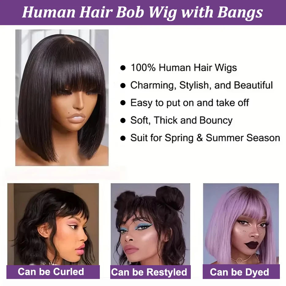 10 16Inch Short Bone Straight Human Hair Wigs With Bangs 3x2 Middle Part Lace Wig Short Bob Glueless Wig 200% Density For Women
