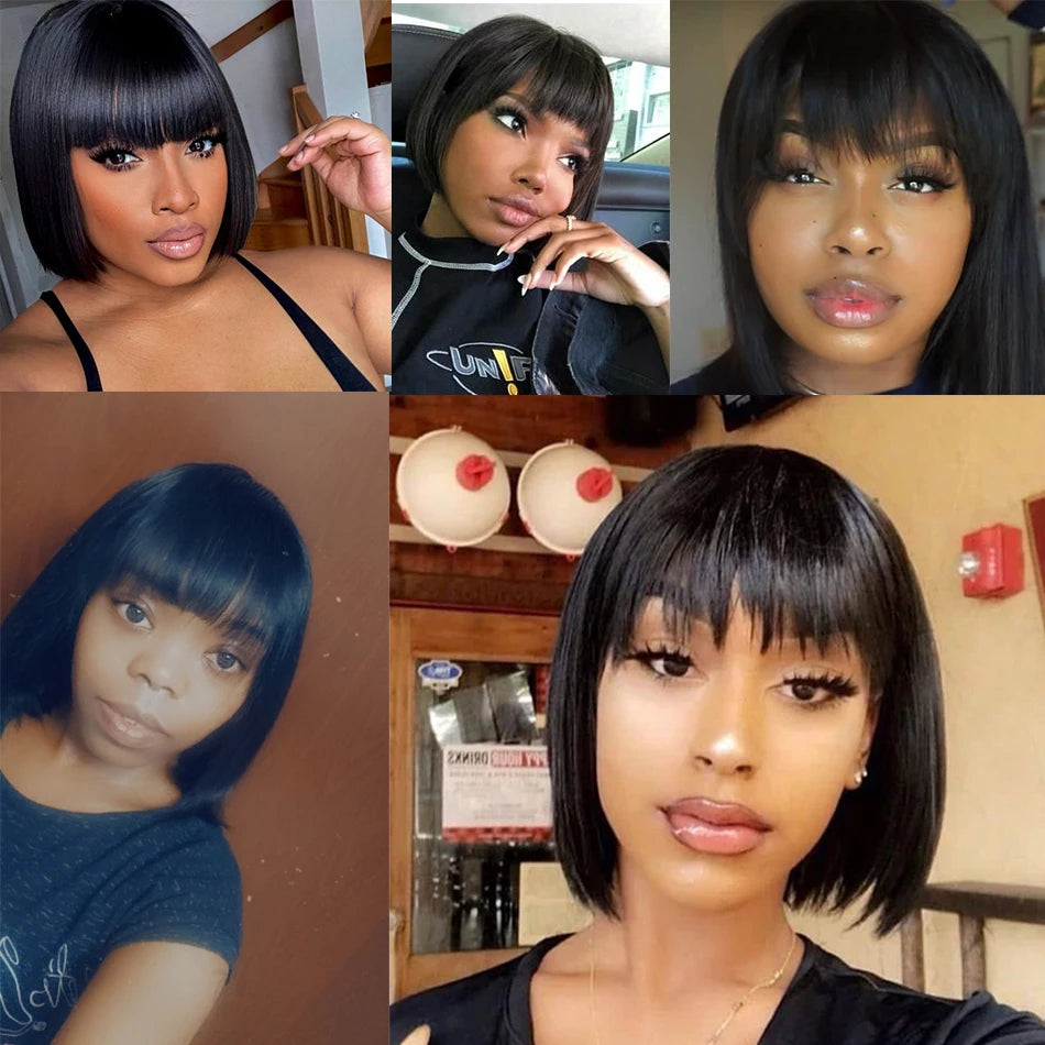 Human Hair Wigs with Bangs BOBO Wig Straight Short Bob Wig Human Hair Natural Color 14inch 150% Density Bob Wig