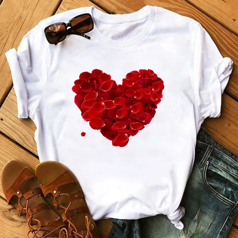 Love Flower Half Sleeve Cartoon White Letter T-shirt Women Wholesale Round Neck T-shirt Women Oversized T Shirt