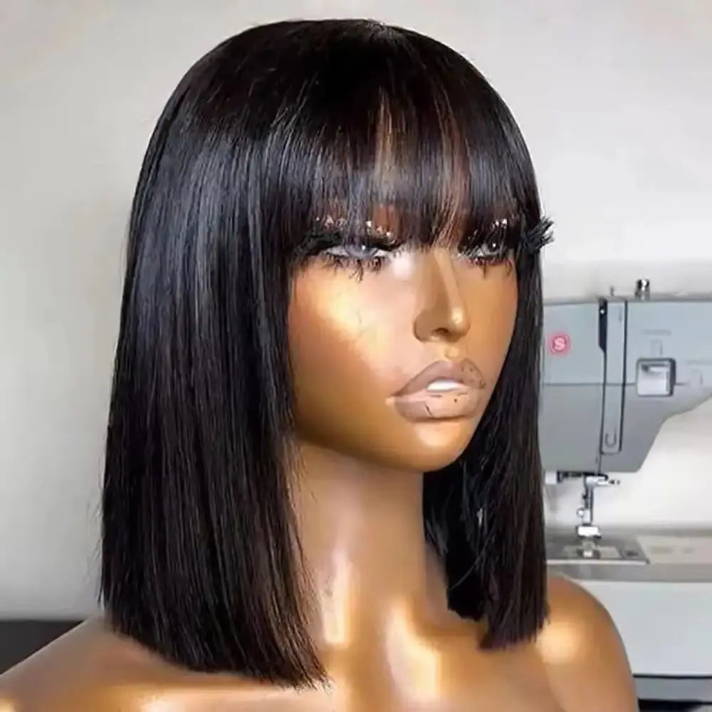 10 16Inch Short Bone Straight Human Hair Wigs With Bangs 3x2 Middle Part Lace Wig Short Bob Glueless Wig 200% Density For Women