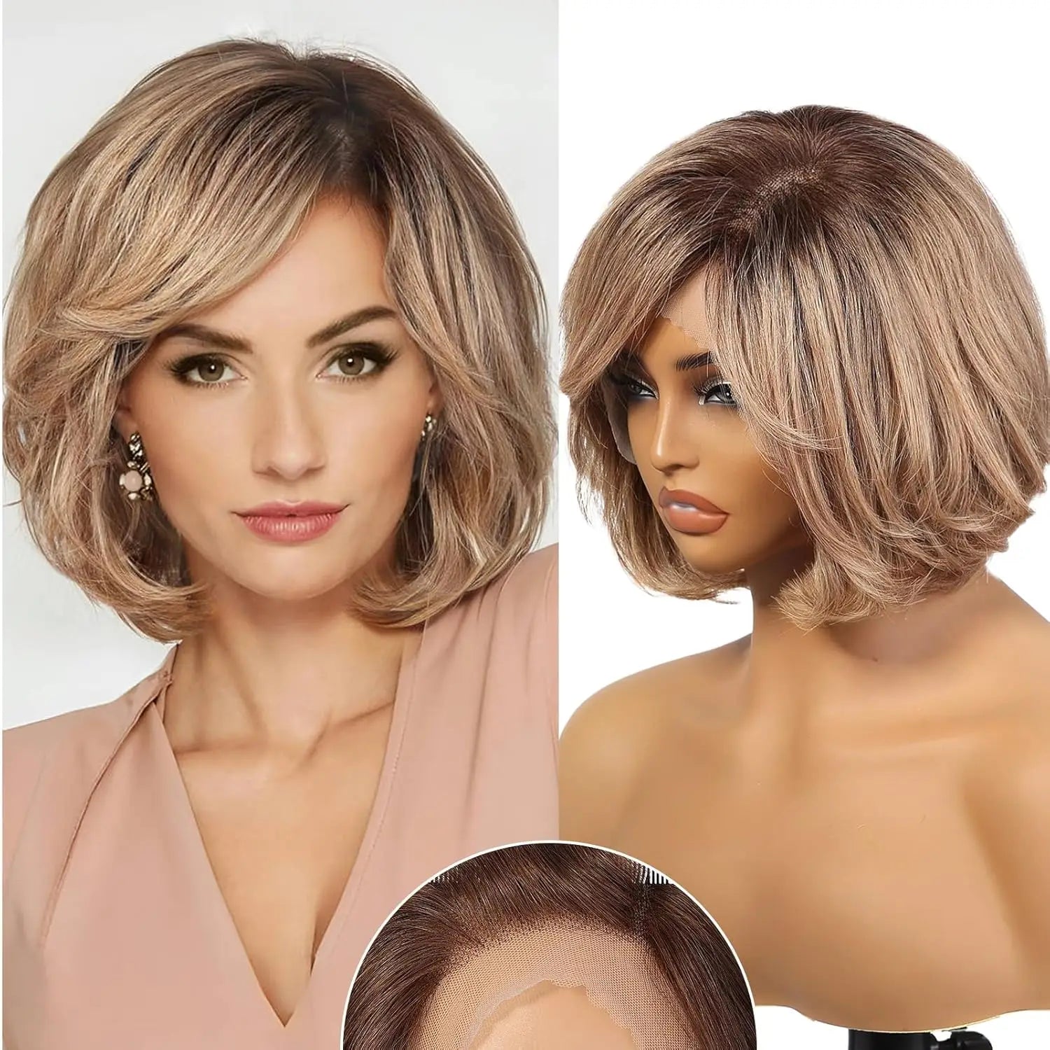 Short Layered Wavy Bob Wig with Bangs for Women Blonde Highlights Human Hair 12 Inches HD Lace Front Wigs With Dark Roots
