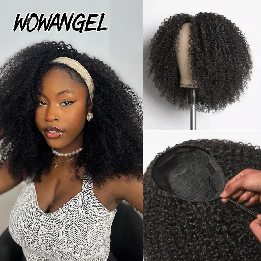 Kinky Curly Half Wig Human Hair Wear&Go Glueless Wigs Curly 3 In 1 Flip Over Wigs With Drawstring Headband Wig Beginner Friendly