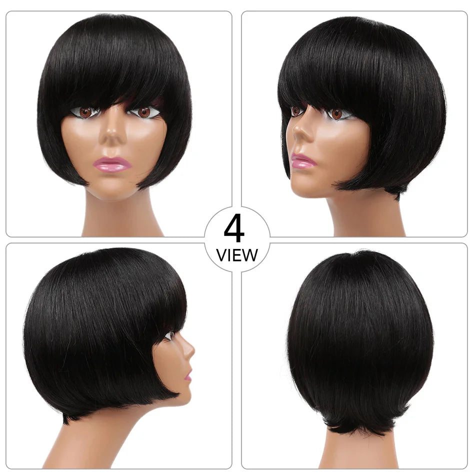 Human Hair Wigs with Bangs BOBO Wig Straight Short Bob Wig Human Hair Natural Color 14inch 150% Density Bob Wig