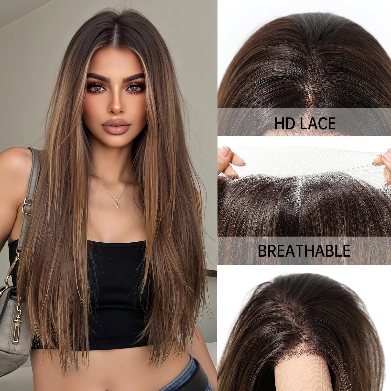Topshe 30 Inch 13x6 HD Lace Front Wig Realistic Hand-Tied Pre-Plucked Hairline Long Straight Highlight Hair Wigs for Women