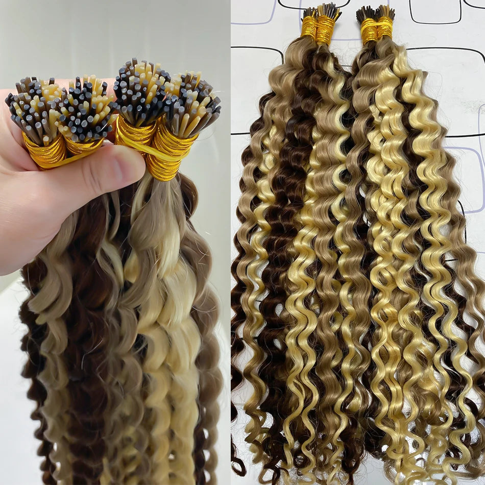 Deep Wave I Tip Hair Extensions 100%Human Hair Extensions Curly I Tip Double Drawn Bundles Microlink  Full Thick Ends Extensions