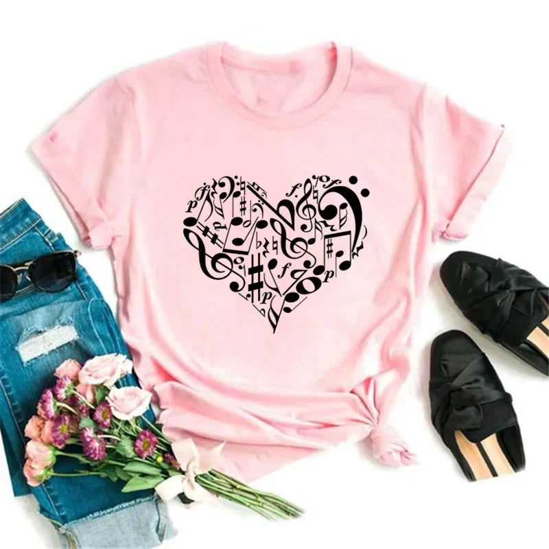 New Women T Shirt Music Note Printed Tshirt Female Summer Casual Short Sleeve O-neck T-shirt Tops Tops for Women Tops
