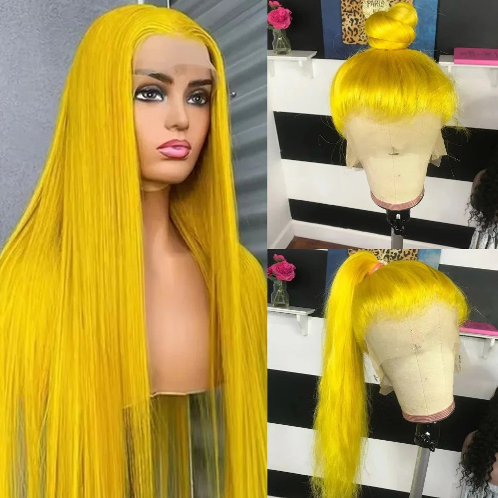 40 Inch Yellow Wigs Long Straight Lace Front Synthetic Wigs Pre Plucked Natural Hairline Glueless Wigs for Fashion Women Cosplay