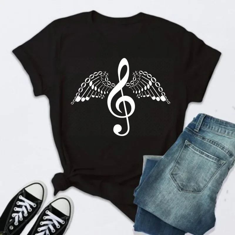 New Women T Shirt Music Note Printed Tshirt Female Summer Casual Short Sleeve O-neck T-shirt Tops Tops for Women Tops