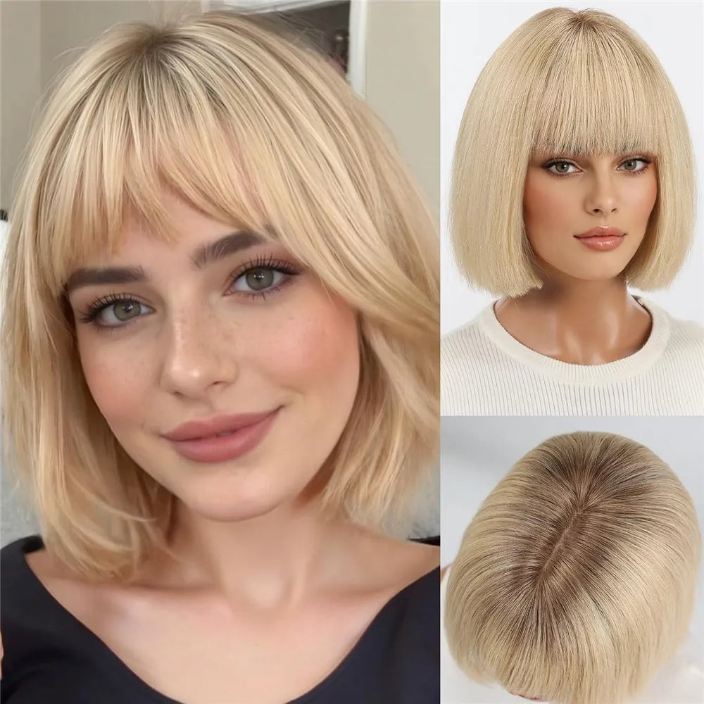 Real Human Hair Wigs for Women Short Blonde Bob Wig 100% Natural Human Hair with Bangs for Daily Party Wear Soft Hair