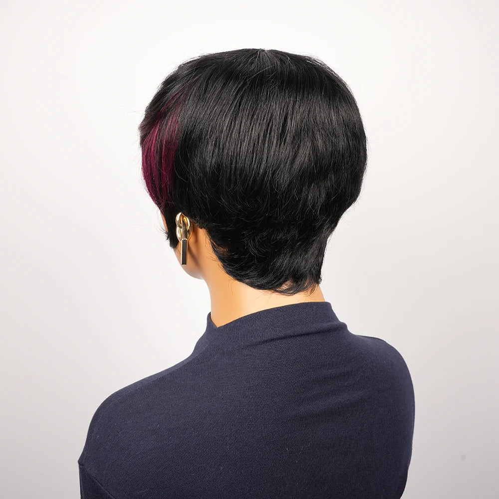 Short Human Hair Wigs 6 In Pixie Cut Wigs Human Hair Glueless Wig Layered Hd Lace Wigs Red Highlights Ready To Wear Burgundy Wig