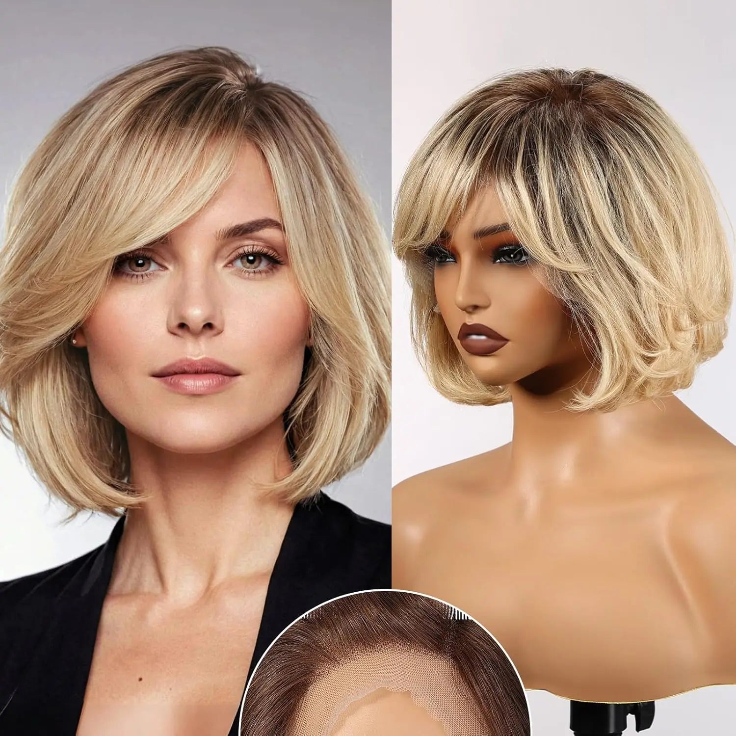Short Layered Wavy Bob Wig with Bangs for Women Blonde Highlights Human Hair 12 Inches HD Lace Front Wigs With Dark Roots