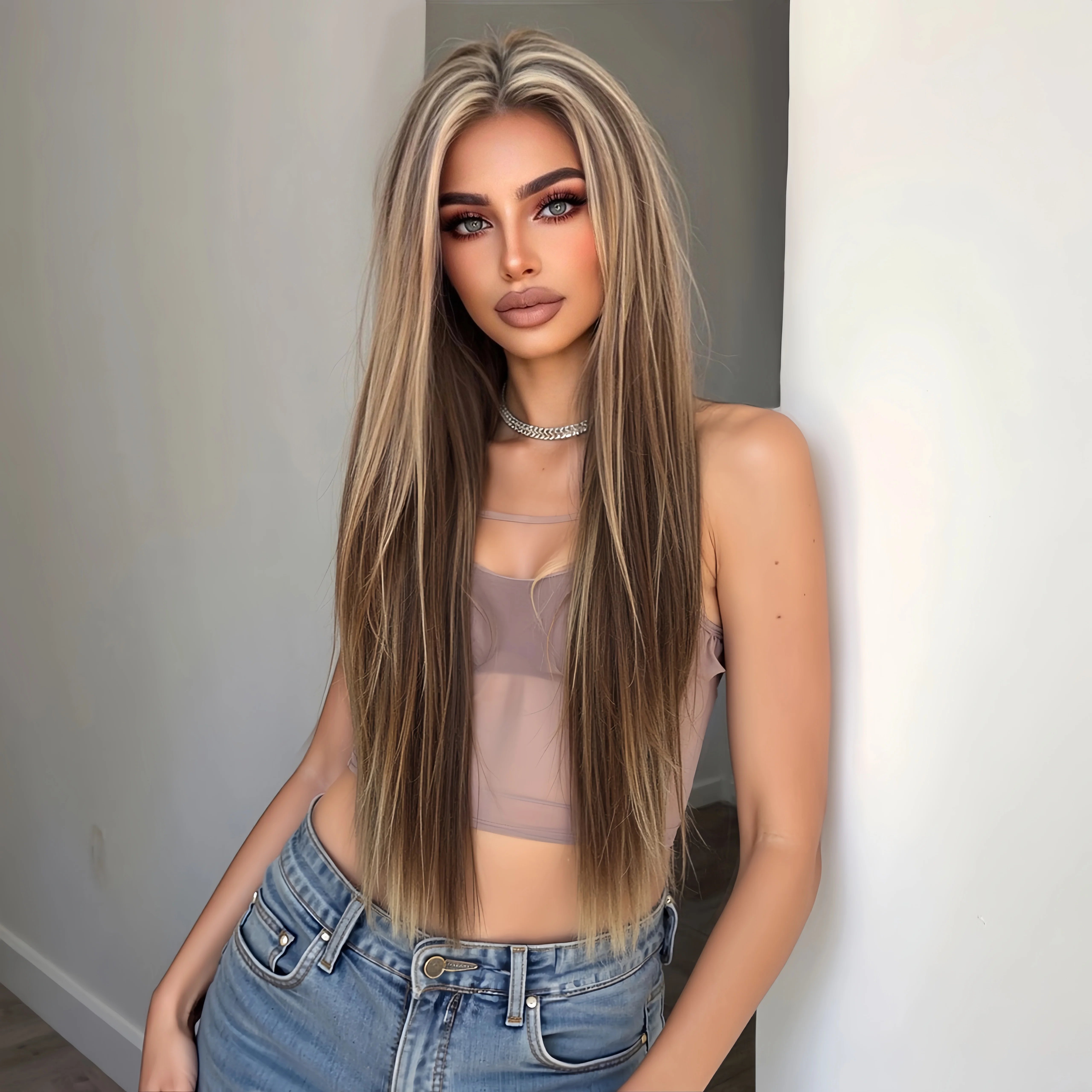 Topshe 30 Inch 13x6 HD Lace Front Wig Realistic Hand-Tied Pre-Plucked Hairline Long Straight Highlight Hair Wigs for Women