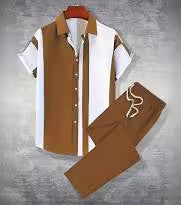 Men's Casual Collar Short Sleeve Shirt and Straight Pants Suit, Polyester.