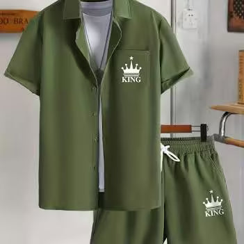Men'S Casual Fashion Print Lapel Pocket Short Sleeve Shirt And Shorts Set, Plus Size